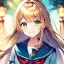 Placeholder: Girl, gold long hair, green eyes, school uniform, smiling