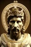 Placeholder: Ultra Realistic image, Roman sculpture, clean white marble material, Lionel Messi, gold Laurel leaves wreath, god crown, renaissance ornaments, one gold star in heart, sun ornament, sun rays background, chisel style, waist up portrait, emperor style, epic, celestial, cinematic lighting, God light, god rays, 4k resolution, smooth details, ornate details, soft lighting, unreal engine 5, art station, substance 3d.