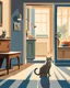 Placeholder: prompt : a retro-style illustrative scene in the spirit of mid-20th-century American realism, reminiscent of watercolor or gouache commercial artwork from the 1940s–1960s. The setting is a cozy indoor room with muted beige walls and a blue-gray floor. In the foreground, a gray tabby cat sits upright on the floor behind a wooden sign that reads “ROOMBA RIDES $1” in bold, vintage lettering. The cat is not on a Roomba and appears to be managing the ride service, accepting a crumpled dollar bill fro