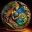 Placeholder: 🔥 PROMPT: A surrealistic art piece featuring Mother Earth cradling Planet Earth in her arms. The sculpture is intricately carved from interlacing wood, with stained glass inlays that illuminate the artwork. The filigree design draws inspiration from Irish folk art, blending the styles of James Rizzi, Mary Anning, Rufino Tamayo, and Carl Kleiner. Set against a dark background, the illuminated sculpture installation presents a stunning fusion of nature and art, with detailed craftsmanship and vib