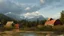 Placeholder: Looking across a torrential dangerous river to a village of new wooden houses, circular wooden church, and farm buildings, and mountains in the far distance, highly detailed, realistic, sunshine, RTX