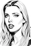 Placeholder: Beautiful black and white pencil drawing of Scarlett Johansson. She has long blonde hair. The background is white. She is looking directly at the viewer.