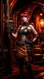 Placeholder: Full Body Photo Of A Steampunk Burlesque Woman With Straight Hair And A Fringe Hairstyle, Holding A Laser Gun, Sci-Fi Steampunk Background