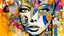 Placeholder: A mixed media collage featuring an abstract female figure with expressive eyes, adorned in vibrant patterns and symbols that evoke emotion., focus on face, isolated background, color splashes, scribbles, pen strokes, collage style, mixed media collage, scrapbook aesthetic, yellow-orange black purple pink white tones, vintage paper textures, hand drawn elements, playful use of shapes, bold shadows, whimsical atmosphere, textured brushstrokes, monochromatic palette, light pastel colors --ar 1:2 --