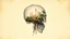 Placeholder: old worn paper, plain contrast background, crystal transparent Skull with city and plants inside, roots, backlight inside, 8K, high detail, hyperrealism, high resolution, bright colors, ART illustration
