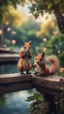 Placeholder: magazine cover with black border, adjust hue for evening, close up portrait of ninja fox squirrel by lake on dark wooden bridge couple with weird cute huge eyes from a tree house in wonderful enchanted magical forest with amazing variety of plants and flowers,bokeh like f/0.8, tilt-shift lens 8k, high detail, smooth render, down-light, unreal engine, prize winning