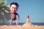 Placeholder: Elon musk as a 4 year old toddler building a Very tall rocket-shaped sandcastle on the beach. He is wearing a polkadot swimsuit. He looks like a newborn