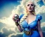 Placeholder: Very sensual gorgeous curvy young white woman blonde hair maiden dressed in blue posing sensually with plaits, and with a skull in her hand, background of ancient marble Roman arcs heavenly sunshine beams divine bright soft focus holy in the clouds steampunk engine steampunk engine.