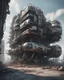 Placeholder: Futuristic building made with engine parts and wires dysoptia cyberage HAWKEN postapocalyptic dysoptia scene photorealistic uhd 8k VRAY highly detailed HDR