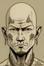 Placeholder: Portrait of male hunan with no hair, tatooes on his face, comics Frank Cho style