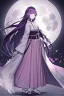 Placeholder: girl, masterpiece, best quality, cinematic lighting, detailed outfit, vibrant colors, perfect eyes, purple hair, pink eyes, long hair, A young woman in a traditional Japanese hakama, standing in a shrine, illuminated by a full moon, with a soft, muted color palette, intricate details, and dynamic composition