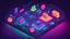 Placeholder: cyberthreats. isometric view. neon colours.