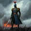 Placeholder: a heroic humanoid cactus wearing a blue prussian uniform, standing on a battlefield, wielding a officer sword during a storm, dark sky, burning sky, tattered flag on the ground