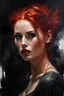 Placeholder: muscular stunning tall russian woman 24yo with red hair pulled back, in a Halloween pinup poster : dark mysterious esoteric atmosphere :: digital matt painting with rough paint strokes by Jeremy Mann + Carne Griffiths + Leonid Afremov, black canvas