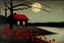 Placeholder: Creepy trees, creepy night, moon, cabin, red flowers, philip wilson steer impresionism painting