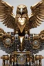 Placeholder: Facing front mechines eagle straddle wings detailed, intricate, mechanical, gears cogs cables wires circuits, gold silver chrome copper