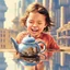 Placeholder: A teapot is shining and a laughing child is looking at it. The child’s image is reflected inside the teapot and behind the child is the reflection of a destroyed city.