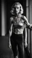 Placeholder: photography of a beautiful anorexic woman, silver satin top, sports illustrated, blond short wavy bob haircut, pronounced sternum, short leggins