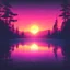 Placeholder: a silent lake in a wood , synthwave picture style with light pixel, the sunset on the horizon, with a pixelated sun