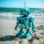 Placeholder: an old robot, turquoise, on the beach