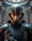 Placeholder: star wars bald male corellian pilot wearing pearlescent black and gunmetal grey First Order special forces heavy assault armor and helmet with gold and metallic red trim and visor inside the jedi temple, centered portrait, hyperdetailed, dynamic lighting, hyperdetailed background, 8k resolution, volumetric lighting, light skin, fully symmetric details