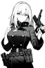 Placeholder: military girl takes out pistol, greyscale