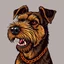 Placeholder: head of angry Airedale Terrier dog, facing viewers left, with blood shot eyes and bloodied teeth and bushy fur, an orange color chain collar around neck, vector