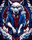 Placeholder: anthropomorphic wolf full body art illustration black background red, blue and white color