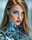 Placeholder: a photoshoot facing view fullbody beautifull Russian Supermodel long hair having humanoid body robot transparent visible glass shiny explore inside details mechanical parts