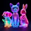 Placeholder: Three colored translucent 3D animals — a small dog, a cat, and a rabbit — standing together, each made of glowing glass-like material with vibrant iridescent gradients of cyan, magenta, amber, and violet glowing from within. Subsurface scattering, refractions, and caustics pass light through their transparent bodies, revealing soft inner structures. Cute proportions with rounded forms, floating in a dark void, volumetric lighting, octane render, hyperrealistic, ultra-detailed, 8k, trending on Ar
