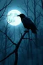 Placeholder: A highly realistic animated book cover depicting a stark, atmospheric scene in a dark forest. A solitary black raven perches silently on a gnarled, leafless tree branch, its silhouette sharply defined against a luminous full moon, with feathers detailed to show slight movement from the breeze. The scene is bathed in cold blue and grey tones, with a gentle, drifting fog subtly obscuring the forest floor and distant trees, illuminated by the moon's glow and highlighting intricate bark textures. Th