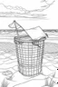 Placeholder: Outline art for coloring page, PICNIC BASKET ON A LONG RECTANGULAR BEACH TOWEL. TALL BEACH UMBRELLA, HAWAII BEACH, coloring page, white background, Sketch style, only use outline, clean line art, white background, no shadows, no shading, no color, clear