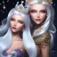 Placeholder: Ice Princess with white hair smilling, a crown with precious stones, bright background