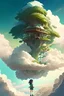 Placeholder: A giant tree house descending from the sky, inspired by science fiction, green leaves above the clouds, a view from above, a beautiful sunrise, dense white clouds, a small and cute child standing holding a doll