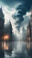 Placeholder: Fantasy world experiencing flood of a big city half covered with water and The sky is clouded with smoke and ash