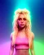 Placeholder: portrait, Shakira, blonde artist, Realistic image, drinking a strawberry milkshake, pink line make-up, sweat, fog, goddess style, Neon colors, leds. Color background, photo studio, concept art, smooth, unreal engine 5, god lights, ray tracing, RTX, lumen lighting, ultra detail, volumetric lighting, 3d, finely drawn, high definition, 4k.