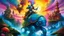 Placeholder: surreal and dreamlike, Surrealist Knight riding a giant snail through a landscape of melting clocks and floating islands, dressed in armor that seems to be made of glass, with a vivid rainbow-colored plume on his helmet, and glowing orbs floating around him during sunset., saturated, pastel, dreamy atmosphere, liquid psychedelic, cold light tones, blue tones, flash light