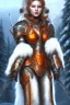 Placeholder: Beautiful warrior girl, wearing heavy futuristic armor, glowing orange lights armor, snow mountain background, snow, fur cloak