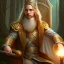 Placeholder: romantic fantasy spray painting, close up on blonde robed poet sitting on throne, loosing torch in magical forest with marble throne