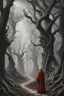 Placeholder: Dante in a red robe, Virgil in a white robe, people are trees in an eerie ancient forest, a huge number of trees, stones, roots coming out of the ground, a forest of human bodies, trees swallow people, branches intertwine with human bodies, which are a surreal mixture of doubts and fears , choosing the wrong path.