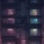 Placeholder: straight orthographic view of the flat side of a cyberpunk building at night photographic