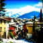 Placeholder: Mountains. Snow. City. Small town.