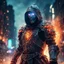 Placeholder: post-apocalyptic hooded marble knight covered with glowing crystals, fire particles in air, destroyed city, night, bright colors, glowing sparkle particles, dark tone, sharp focus, high contrast, 8k, incredible depth, depth of field, dramatic lighting, beautifully intricate details, clean environment, epic dynamic scene