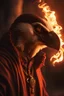 Placeholder: male aarakocra sun soul monk flaming angry short Realistic, cinematic, 35mm anamorphic lens