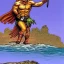 Placeholder: a landscape comic book panel of a barbarian warrior on a cliff overlooking the sea by Richard Corben