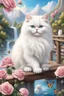 Placeholder: in the center: beautiful fat fluffy white persian cats with kittens, with green and blue eyes, sitting on a bridge, under the brigde flows a small blue river; background: landscape with dramatic mountains and white clouds, butterflys flying in the sky; first plan: pink roses;