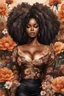 Placeholder: Create an watercolor image of a curvy black female wearing a brown off the shoudler blouse and she is looking down with Prominent makeup. Highly detailed tightly curly black afro. Background of large brown and black flowers surrounding her