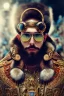 Placeholder: Artistic photo in the audacius style of Jill Greenberg, of man with a luxurious and striking style, abundance of jewelry, oversized square one-piece sunglasses, neat black beard, prints, extravagant, barroque scene , impasto style with thick texture