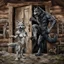 Placeholder: fantasy digital art of young anthro wolf kicked out of the house, she have gray hairy wolf body , paw, and wears just a short canvas rag around her waist , sadly face in the rain , behind her an tall angry anthro dark hairy wolf man and kicks her out the door with his foot, behind in rustic halb open door in an massive wooden house, deep colors, rainy day, detailed, anthropomorphic creatures, fantasy, sci-fi mood