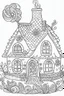 Placeholder: coloring page for kids, , cartoon style, thick outline, low details, no shading, no color, Decorated gingerbread house..